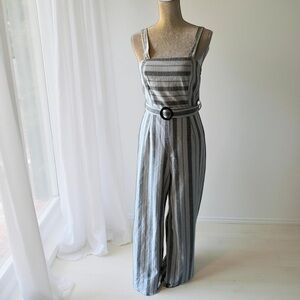 Charlotte Russe Womens Gray Tan White Striped Jumpsuit Belt Lined Size Medium M
